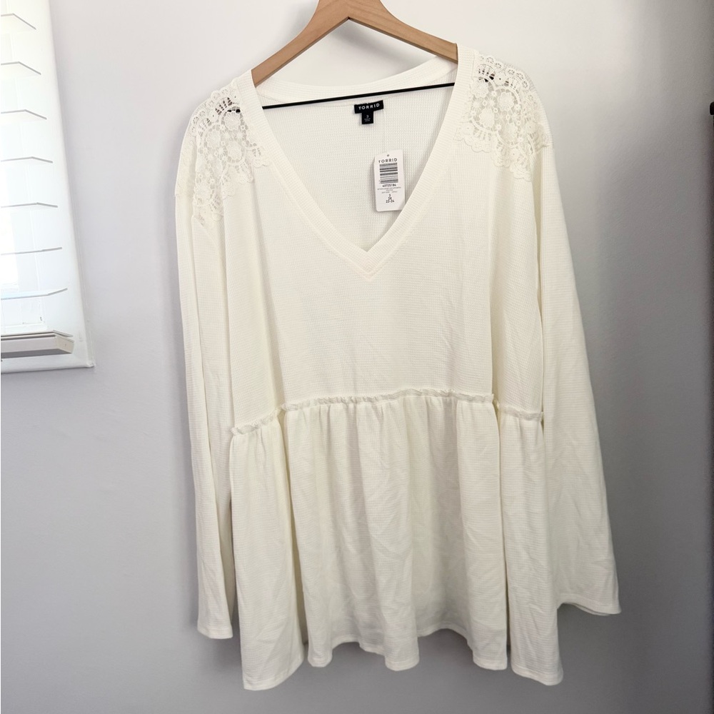 Torrid 3X NEW Knit V Neck Lace Long Sleeve Babydoll Top Ivory Coquette Fall‎